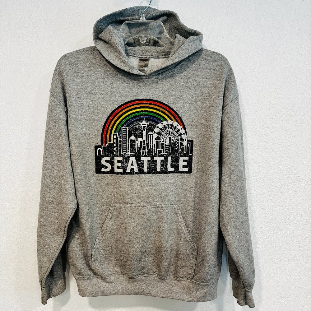 VINTAGE Hoodie Sweatshirt SEATTLE  Gray - Unisex Medium